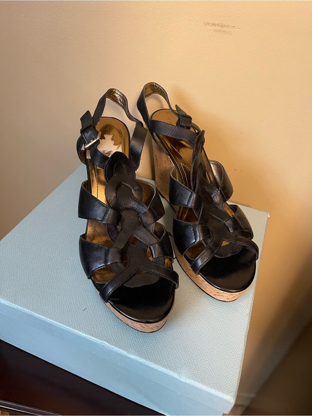 Tahari Black Strappy Leather Wedge Sandals with Cork Platform